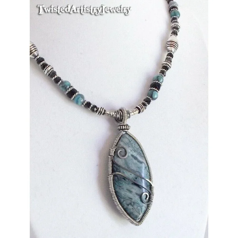 Blue Crazy Lace Agate Wire Wrap Pendant Beaded Necklace One-of-a-Kind Handmade - Picture 3 of 4